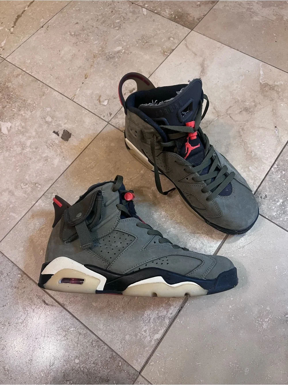 Jordan Olive Green and Black High-Top Sneakers with Red Accents